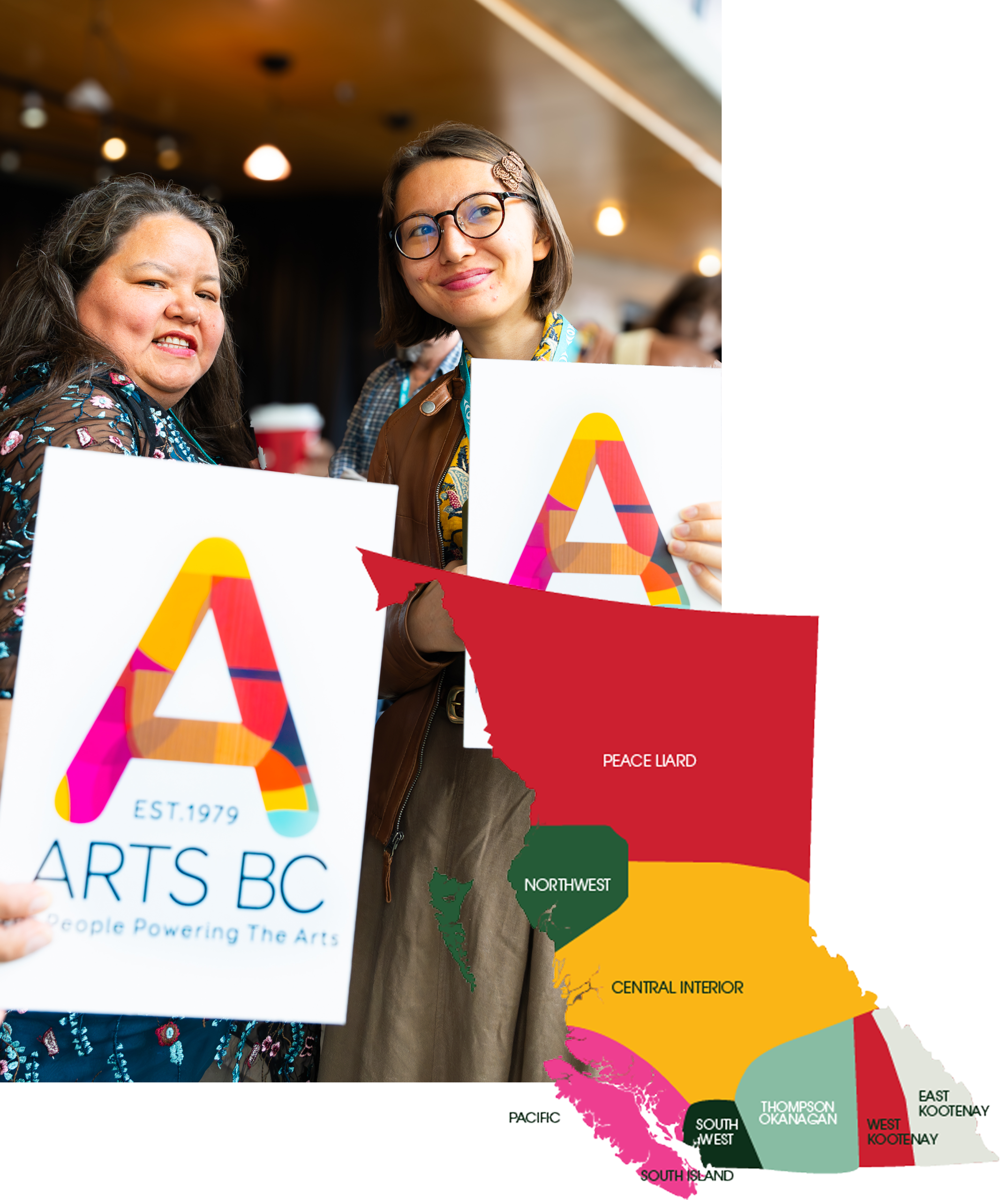 Arts BC Event Participants with Regional Map of BC Participants at an Arts BC event holding up an Arts BC sign and a large map highlighting regions across British Columbia, celebrating community and connection.